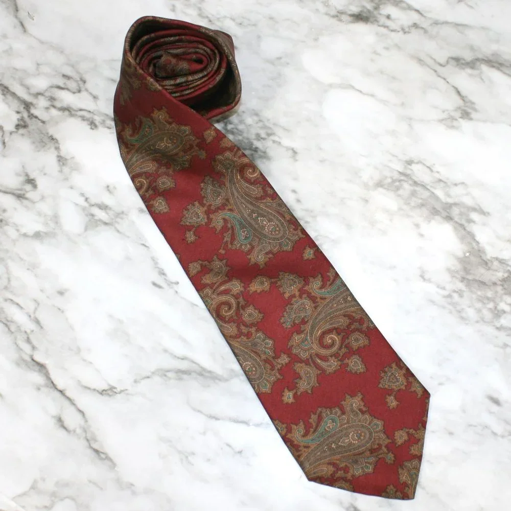STAFFORD Necktie Paisley Classic Burgundy Red Vintage Silk Neck Tie